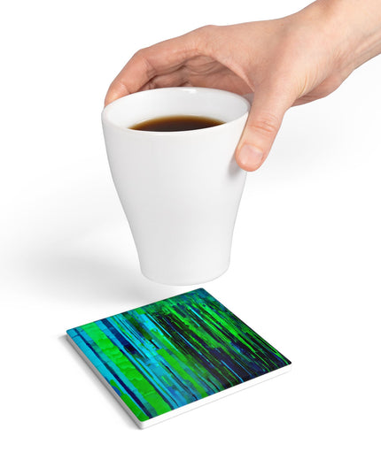 Striped Blue Green 4" x 4" Square Ceramic Coaster