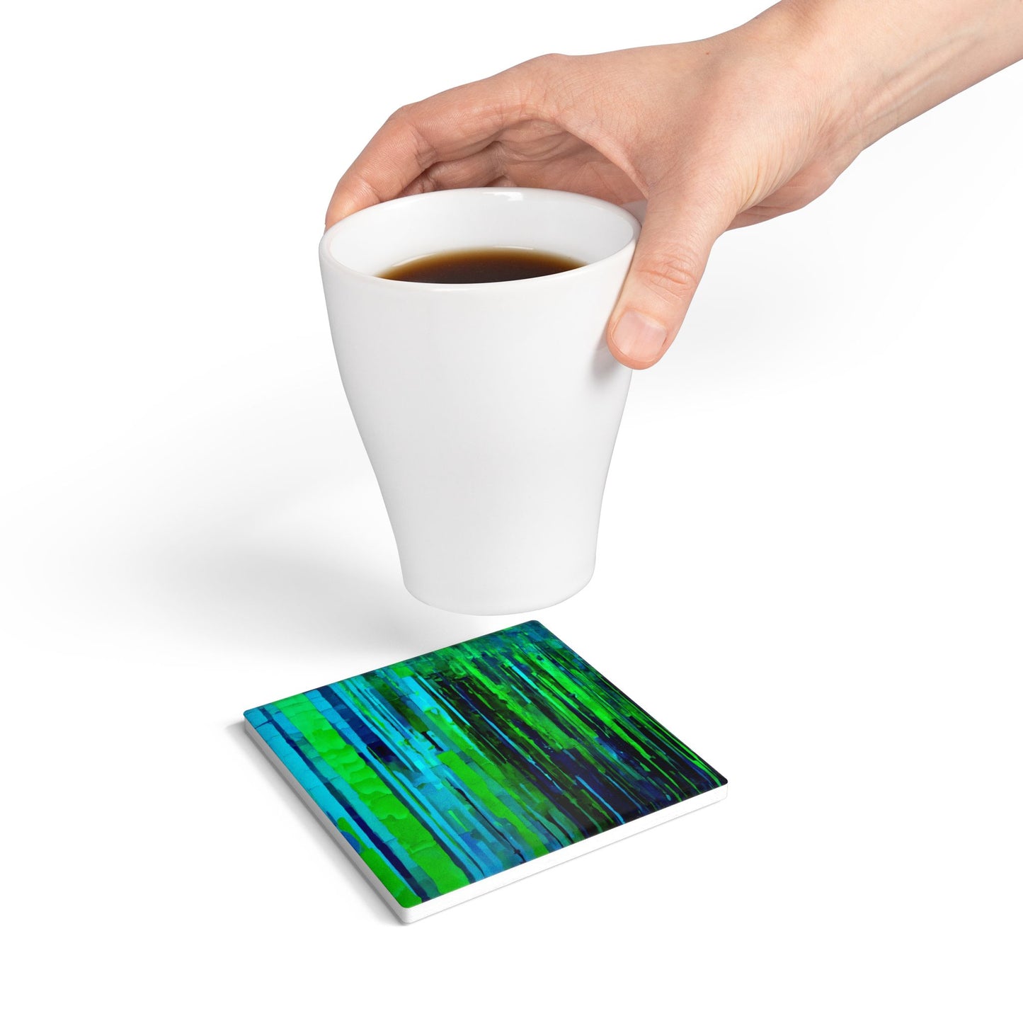 Striped Blue Green 4" x 4" Square Ceramic Coaster