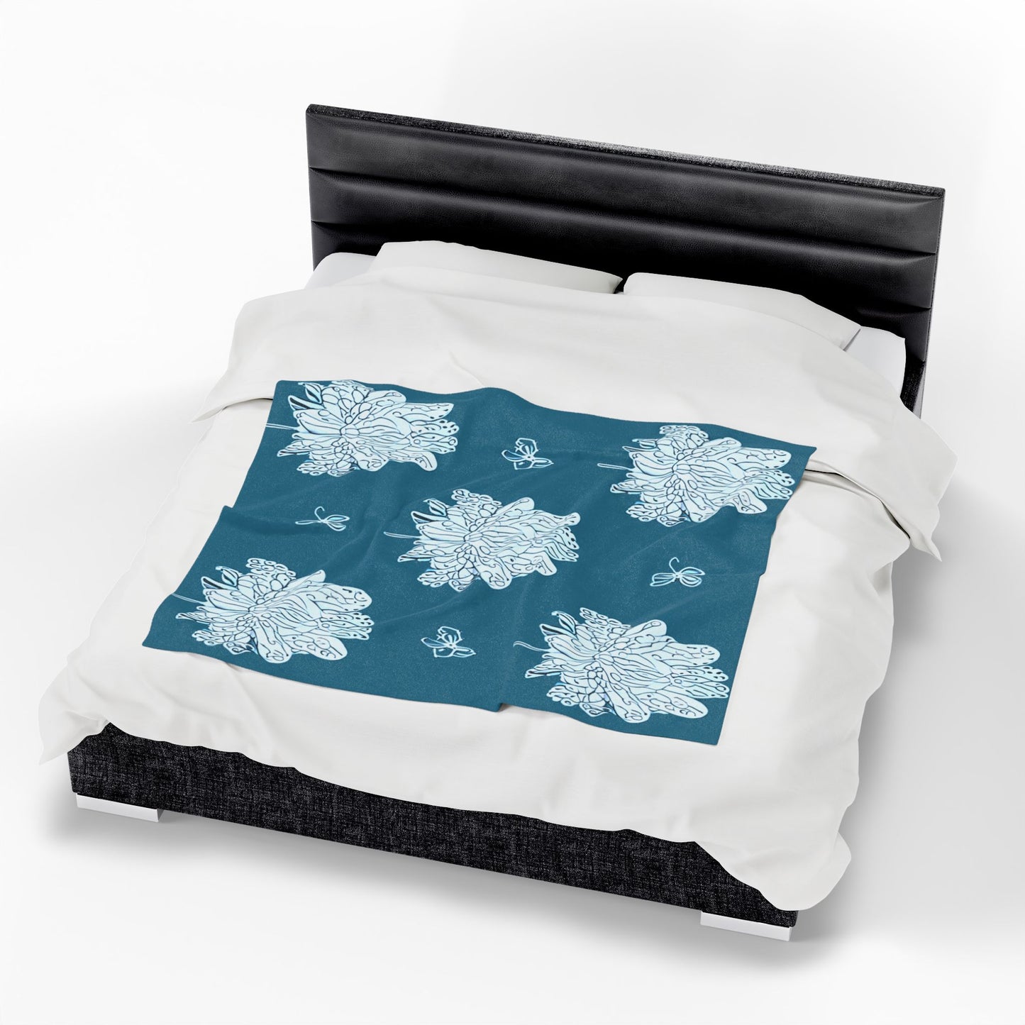 Tif Green White Floral Butterflies Velveteen Plush Blanket, 50" x 60"