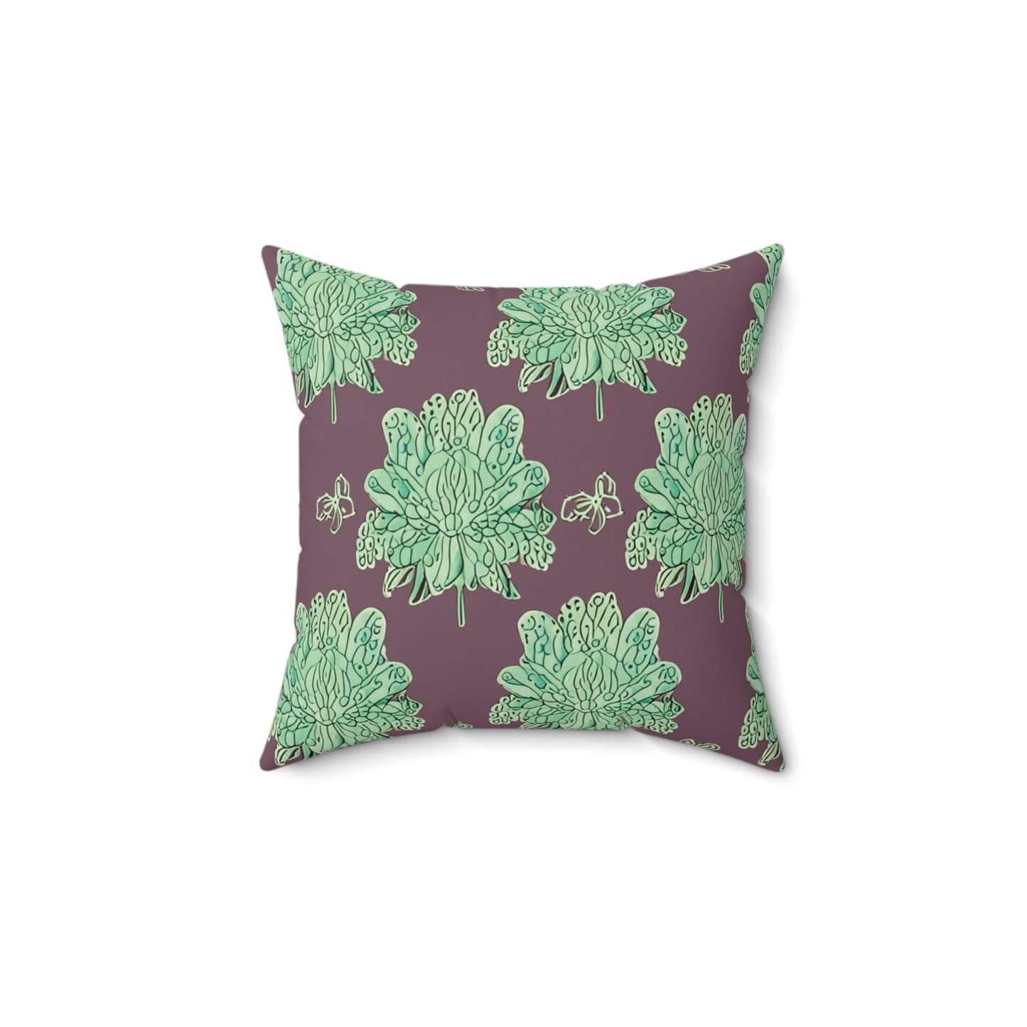 Mint Green Floral Butterflies 14" x 14" Faux Suede Square Pillow