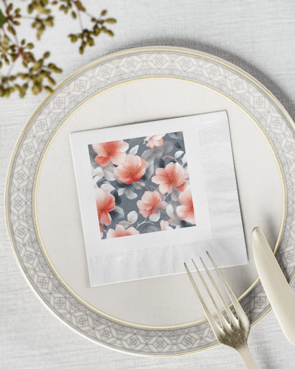 Red Blossom Floral Bunch White Coined Napkins, 4.8" x 4.8"