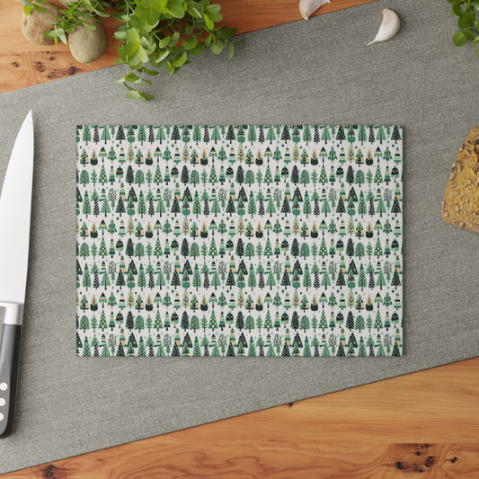 Mini Vintage Green Trees 8" x 11" Glass Cutting Board