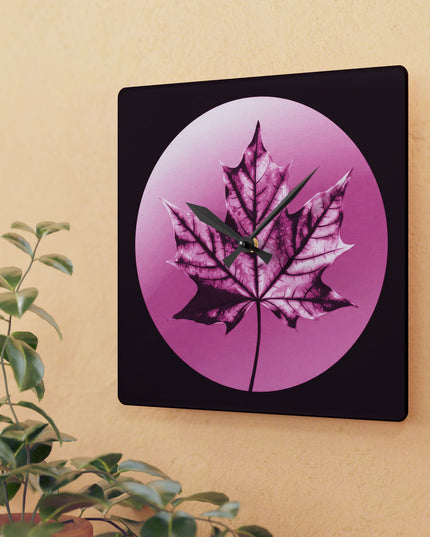 Magenta Maple Leaf Acrylic Wall Clock, Round or Square, 10.75" x 10.75"