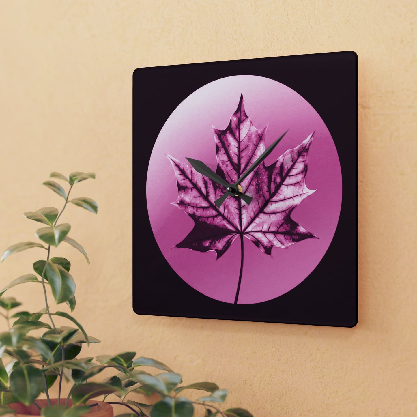 Magenta Maple Leaf Acrylic Wall Clock, Round or Square, 10.75" x 10.75"