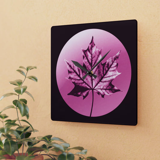 Magenta Maple Leaf Acrylic Wall Clock, Round or Square, 10.75" x 10.75"