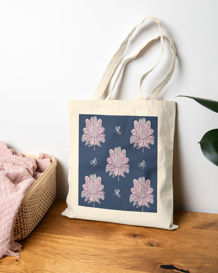 Purple White Floral Butterflies Cotton Canvas Tote Bag