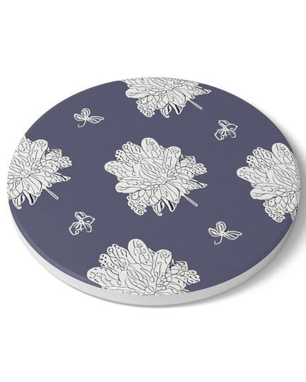 White Floral Butterflies 4" x 4" Round Ceramic Coaster