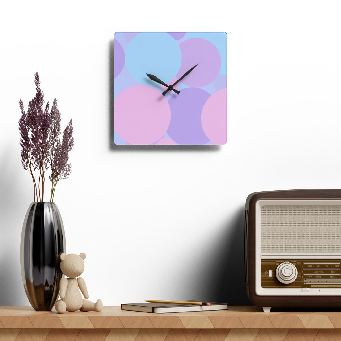 Pastel Purple and Mauve Patches Acrylic Wall Clock, Round or Square, 10.75" x 10.75"