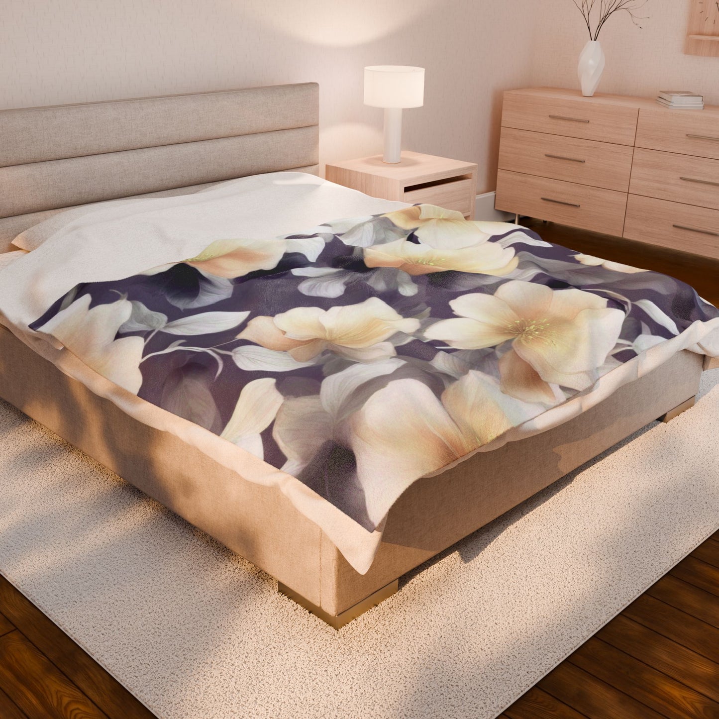 White Blush Floral Bunch Velveteen Plush Blanket, 60" x 80"