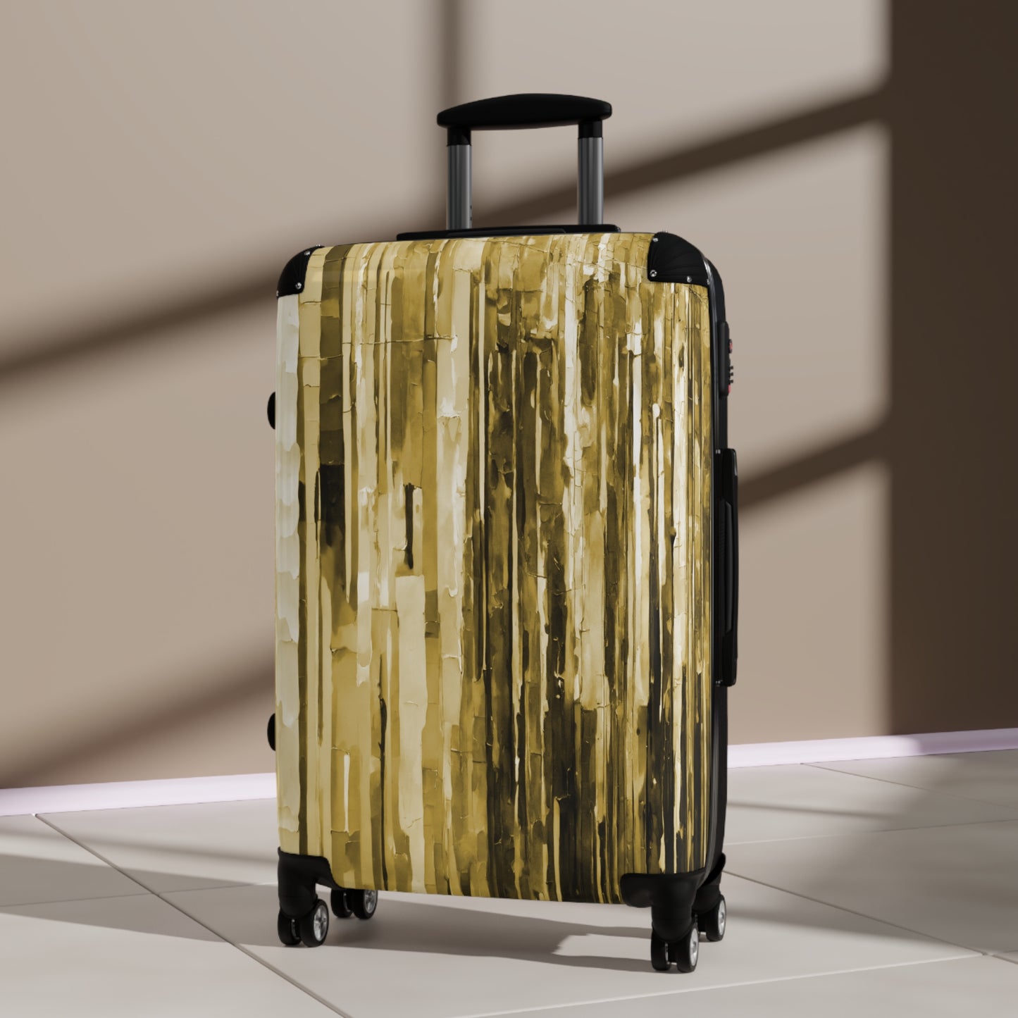 Striped Light Brown Medium Suitcase with built in lock, 4 double-wheels, telescopic handle, and ABS back hard-shell