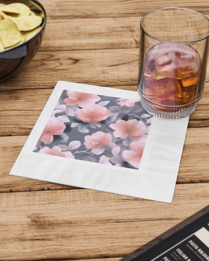 Peach and Blue Gray Floral Bunch White Coined Napkins, 6.5" x 6.5"
