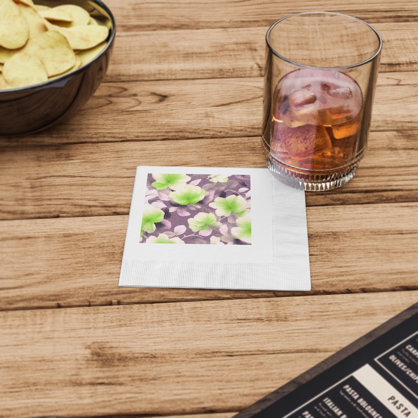 Lime Lavender Floral Bunch White Coined Napkins, 4.8" x 4.8"