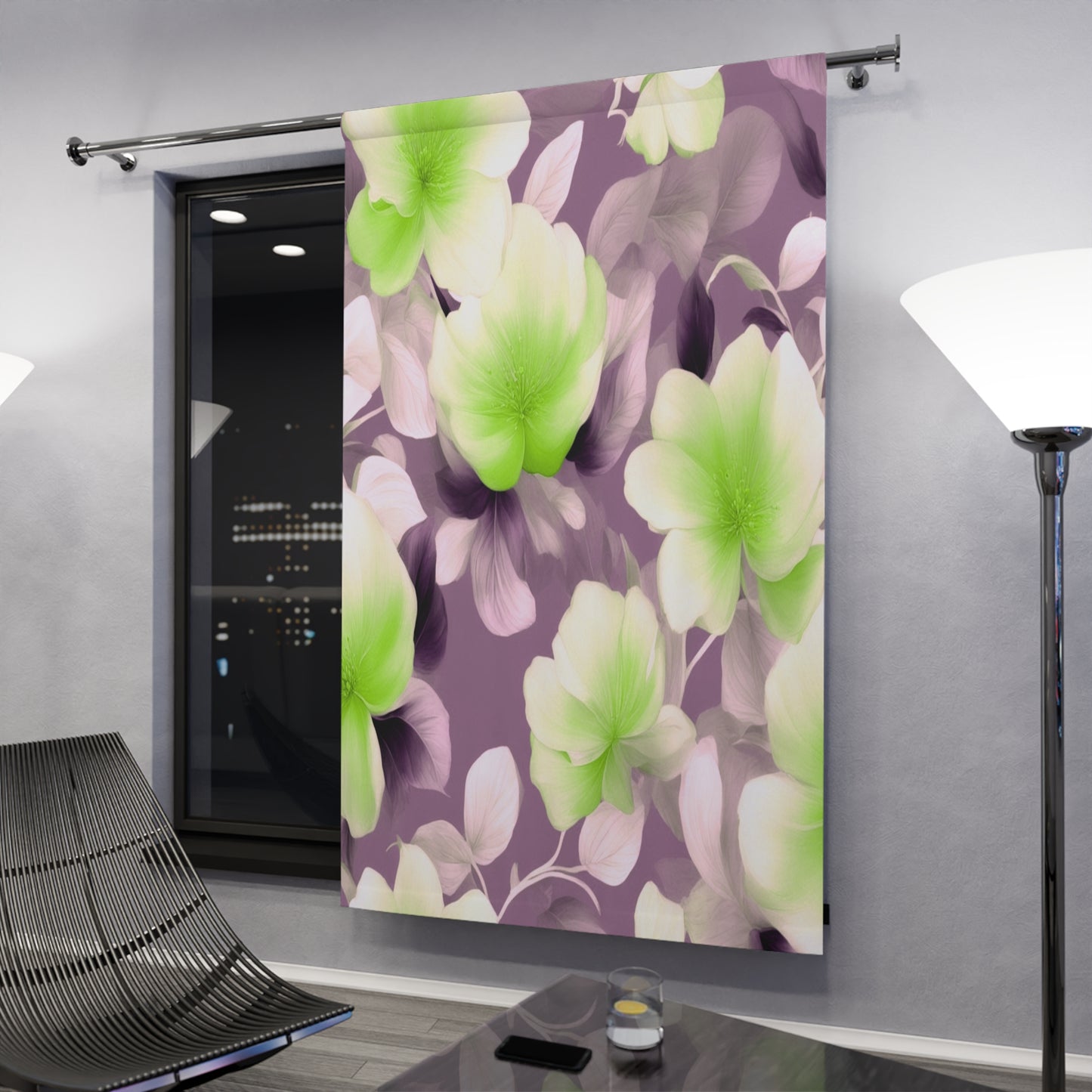 Lime Lavender Floral Bunch Window Curtain, 50" x  84", blackout