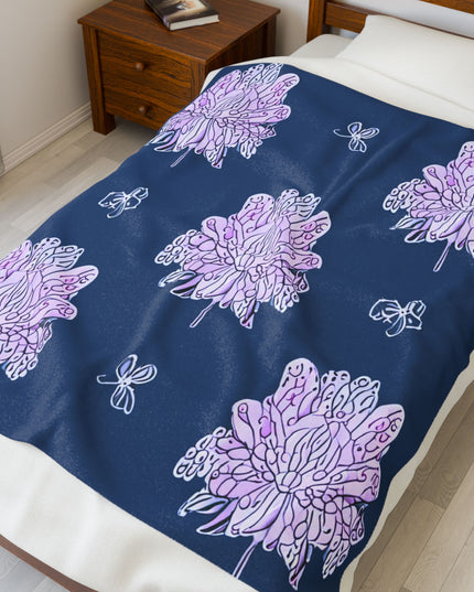 Purple White Floral Butterflies Velveteen Plush Blanket, 50" x 60"