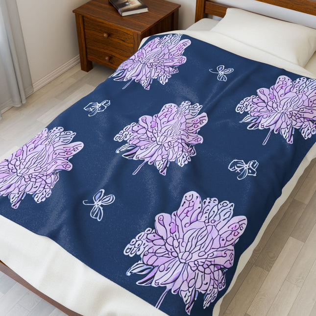 Purple White Floral Butterflies Velveteen Plush Blanket, 50" x 60"