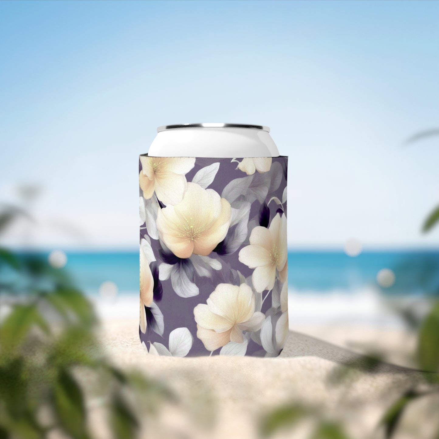 White Blush Floral Bunch 12 oz Can Cooler Sleeve