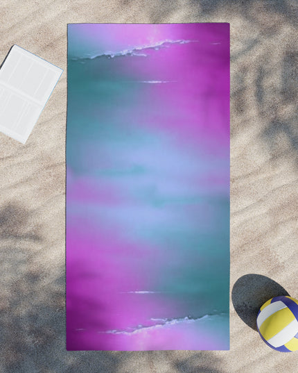 Dark Blue Green Sea Purple Fog Beach Towel, 30" x 60"