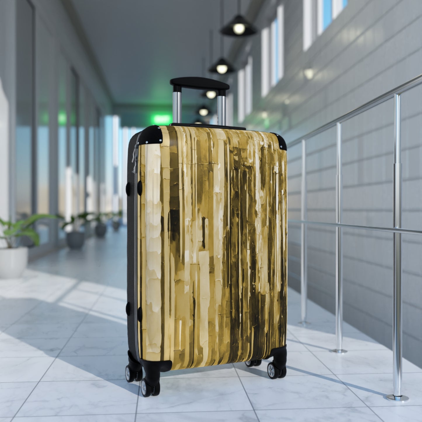 Striped Light Brown Medium Suitcase with built in lock, 4 double-wheels, telescopic handle, and ABS back hard-shell