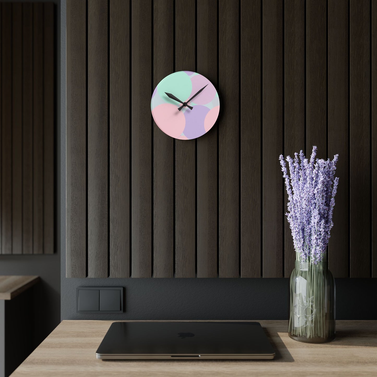 Pastel Peach and Soft Green Patches Acrylic Round Wall Clock, 8" x 8"