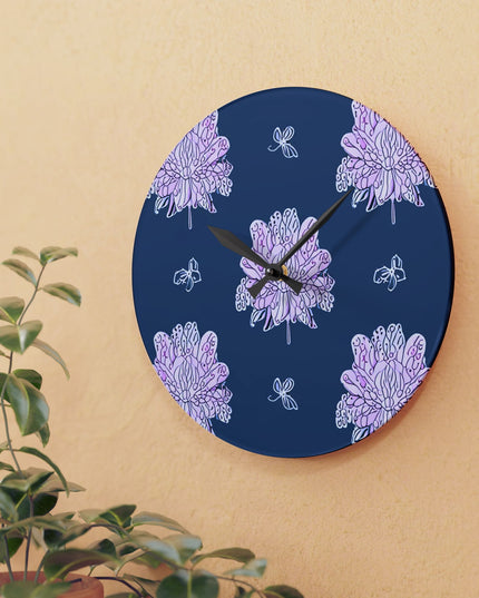 Purple White Floral Butterflies Acrylic Wall Clock, Round or Square, 10.75" x 10.75"
