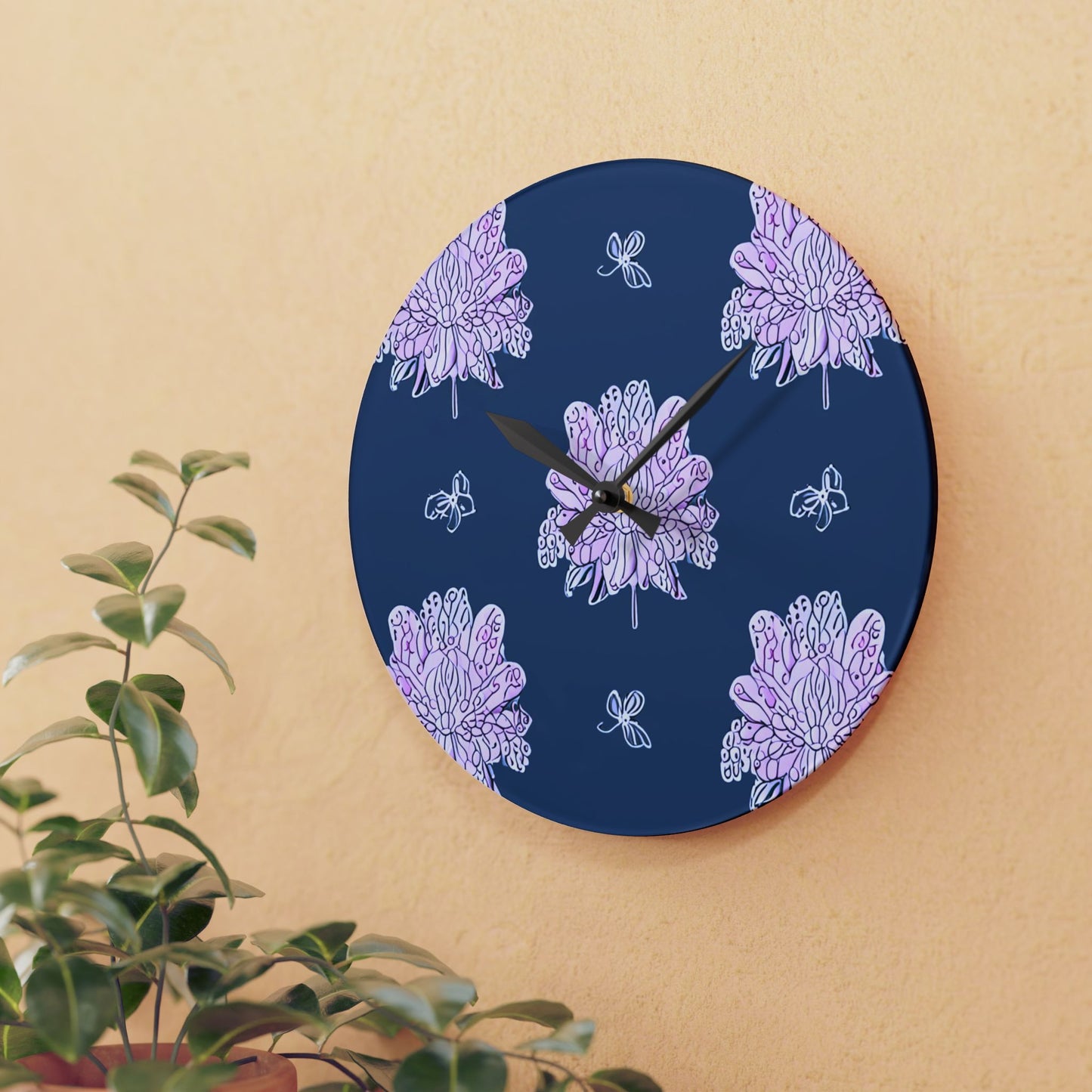 Purple White Floral Butterflies Acrylic Wall Clock, Round or Square, 10.75" x 10.75"