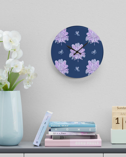 Purple White Floral Butterflies Acrylic Wall Clock, Round or Square, 10.75" x 10.75"
