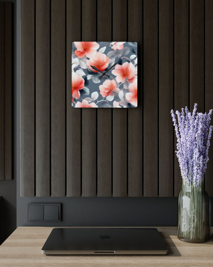 Red Blossom Floral Bunch Acrylic Wall Clock, Round or Square, 10.75" x 10.75"
