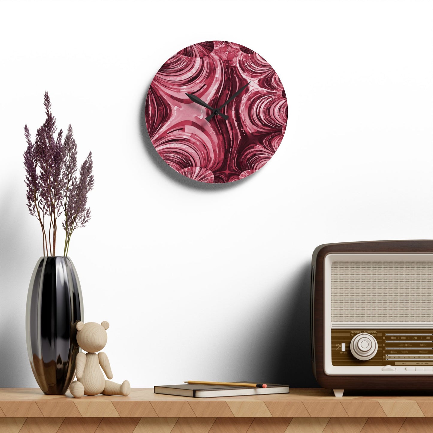Uzi Spiral Ruby Acrylic Wall Clock, Round or Square, 10.75" x 10.75"