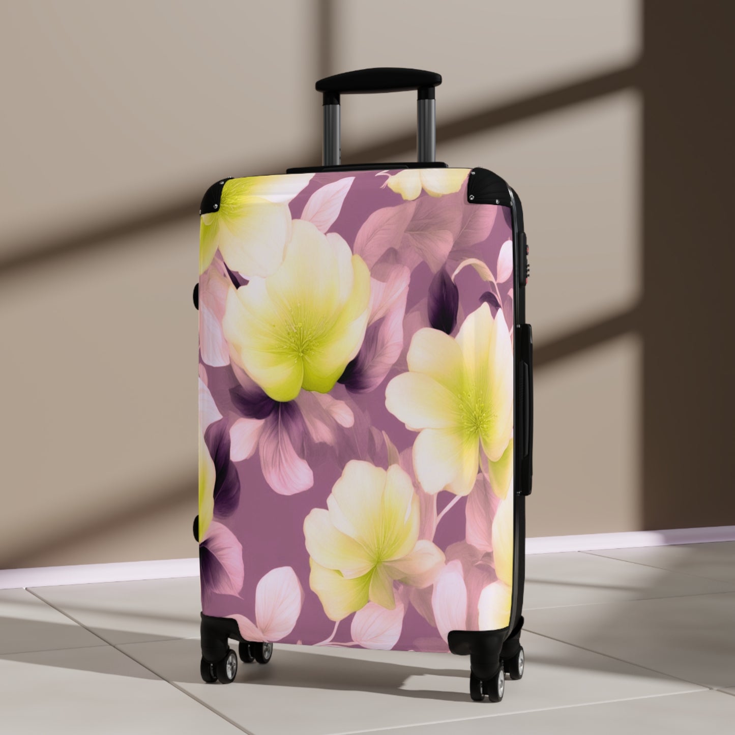 Lemon Blossom Floral Bunch Medium Suitcase with built in lock, 4 double-wheels, telescopic handle, and ABS back hard-shell