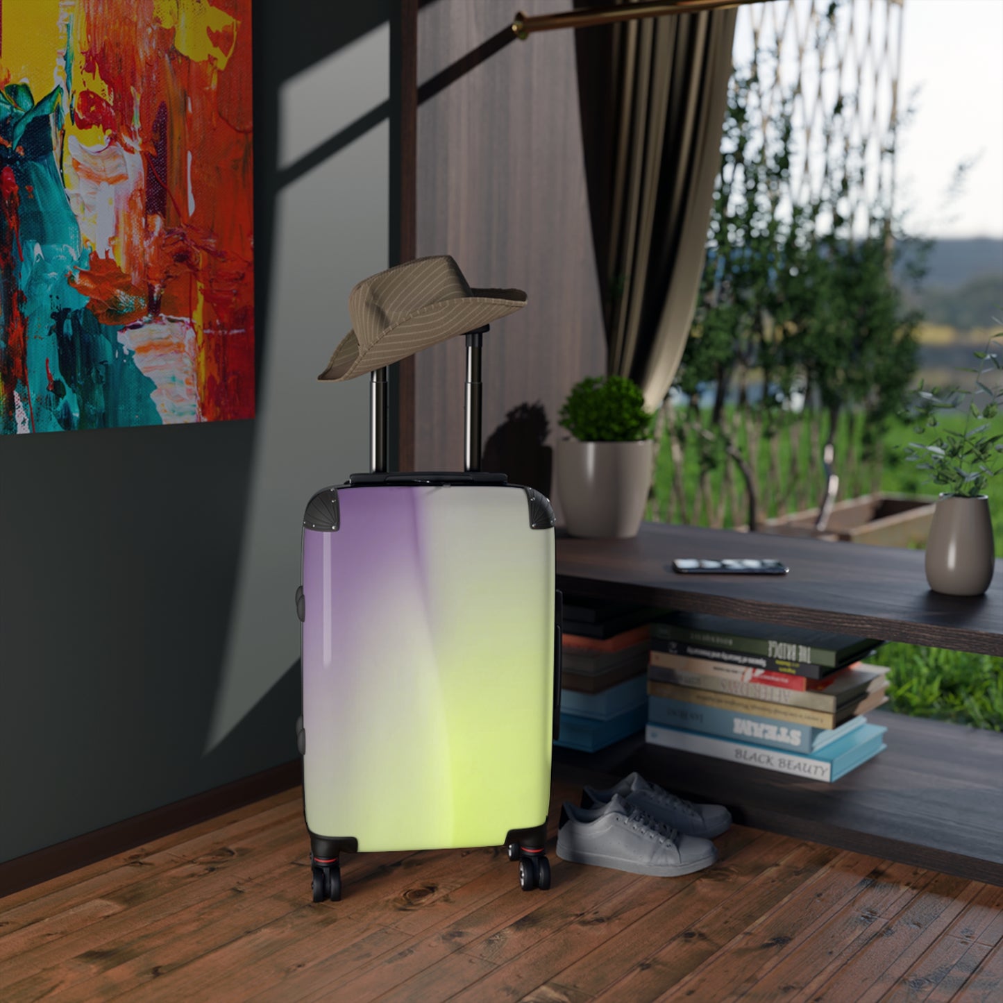 Purple Golden Fade Fade Small Suitcase with built in lock, 4 double-wheels, telescopic handle, and ABS back hard-shell