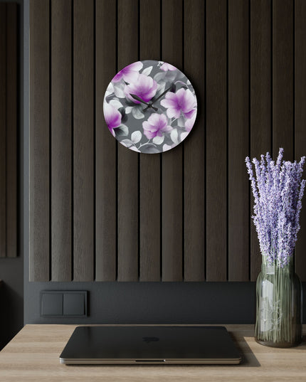 Purple Blossom Floral Bunch Acrylic Wall Clock, Round or Square, 10.75" x 10.75"