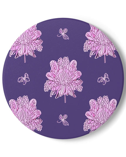 Magenta Floral Butterflies 4" x 4" Round Ceramic Coaster
