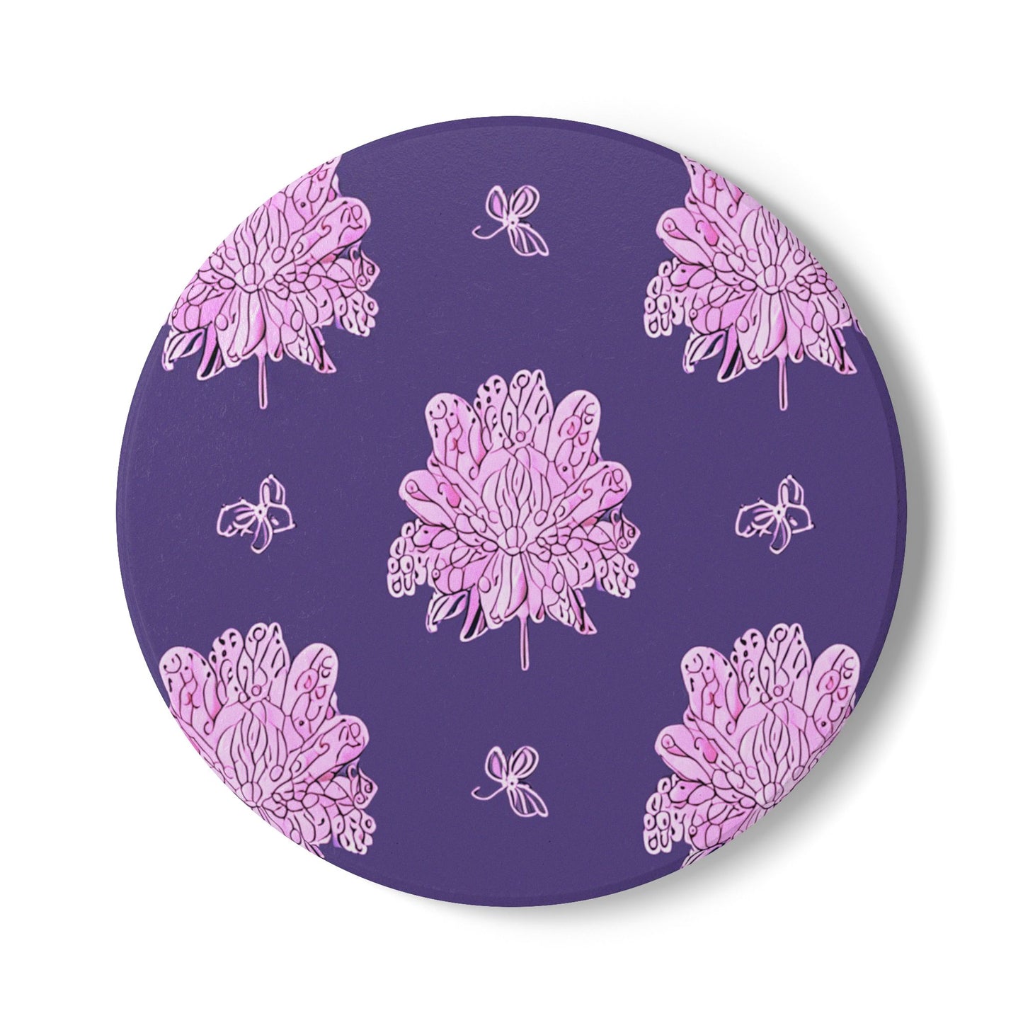Magenta Floral Butterflies 4" x 4" Round Ceramic Coaster