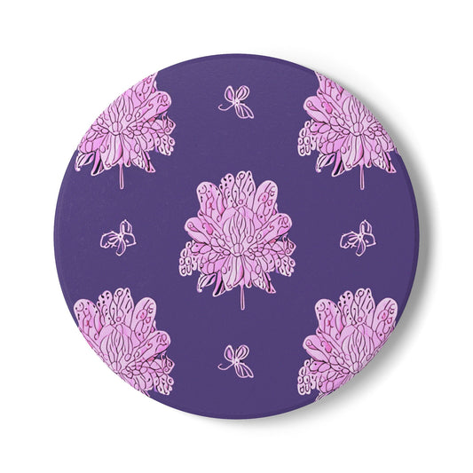 Magenta Floral Butterflies 4" x 4" Round Ceramic Coaster