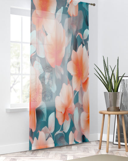 Orange Blossom Floral Bunch Sheer Window Curtain, 50" x 84", partially transparent