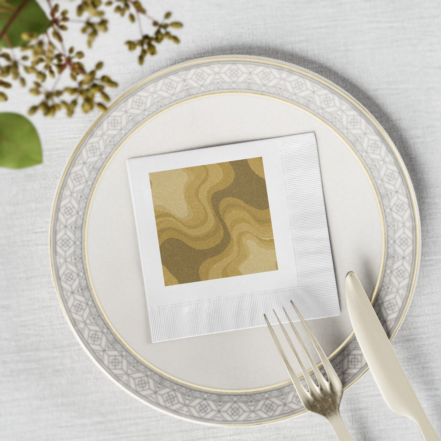 Brown Wavey White Coined Napkins, 4.8" x 4.8"