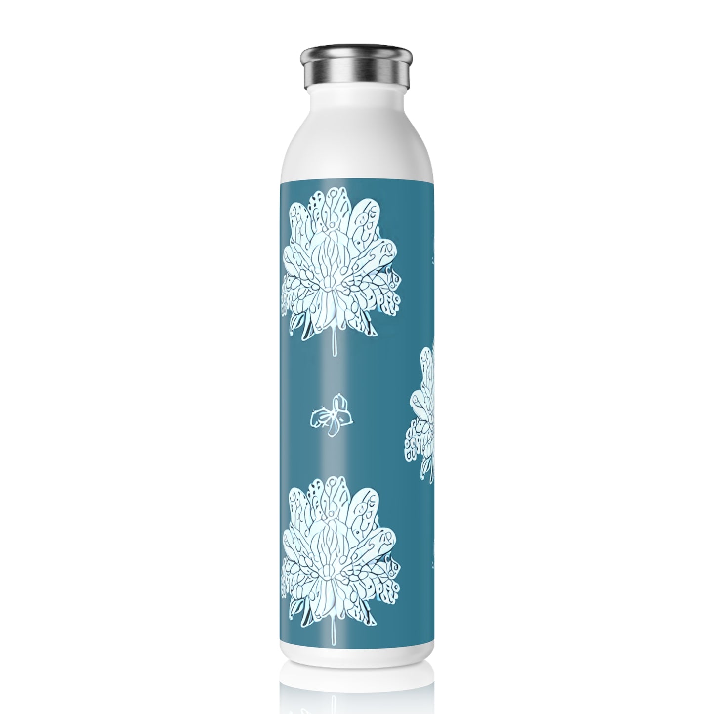 Tif Green White Floral Butterflies Slim Water Bottle, 20 oz White