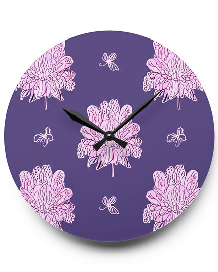 Magenta Floral Butterflies Acrylic Wall Clock, Round or Square, 10.75" x 10.75"
