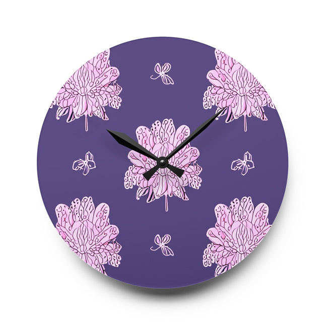Magenta Floral Butterflies Acrylic Wall Clock, Round or Square, 10.75" x 10.75"
