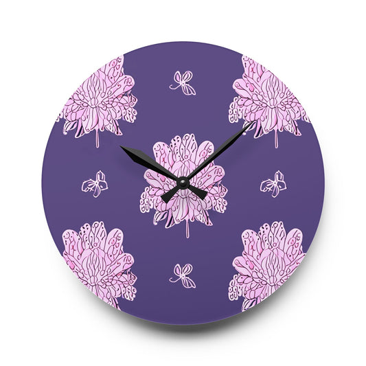 Magenta Floral Butterflies Acrylic Wall Clock, Round or Square, 10.75" x 10.75"