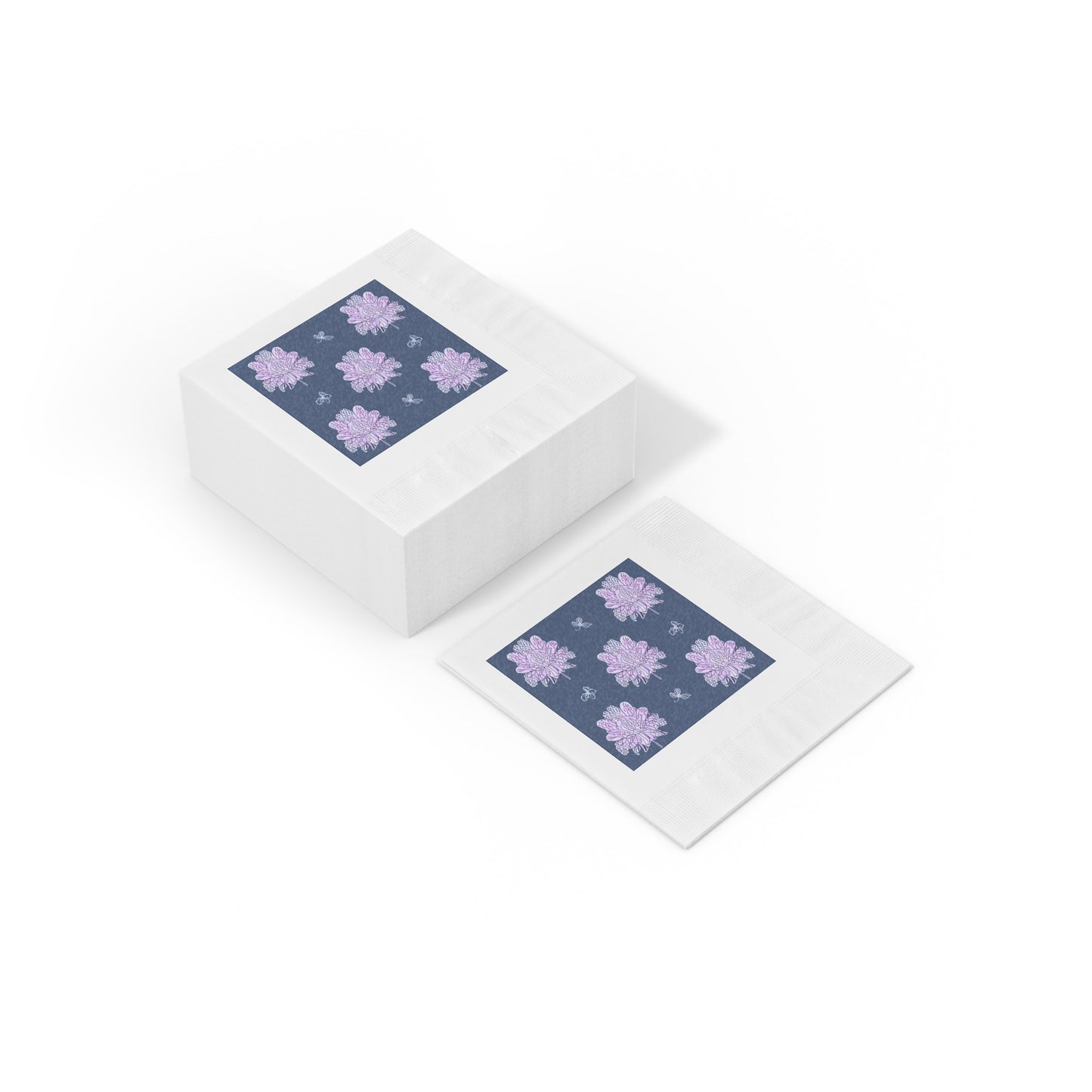 Purple White Floral Butterflies White Coined Napkins, 4.8" x 4.8"