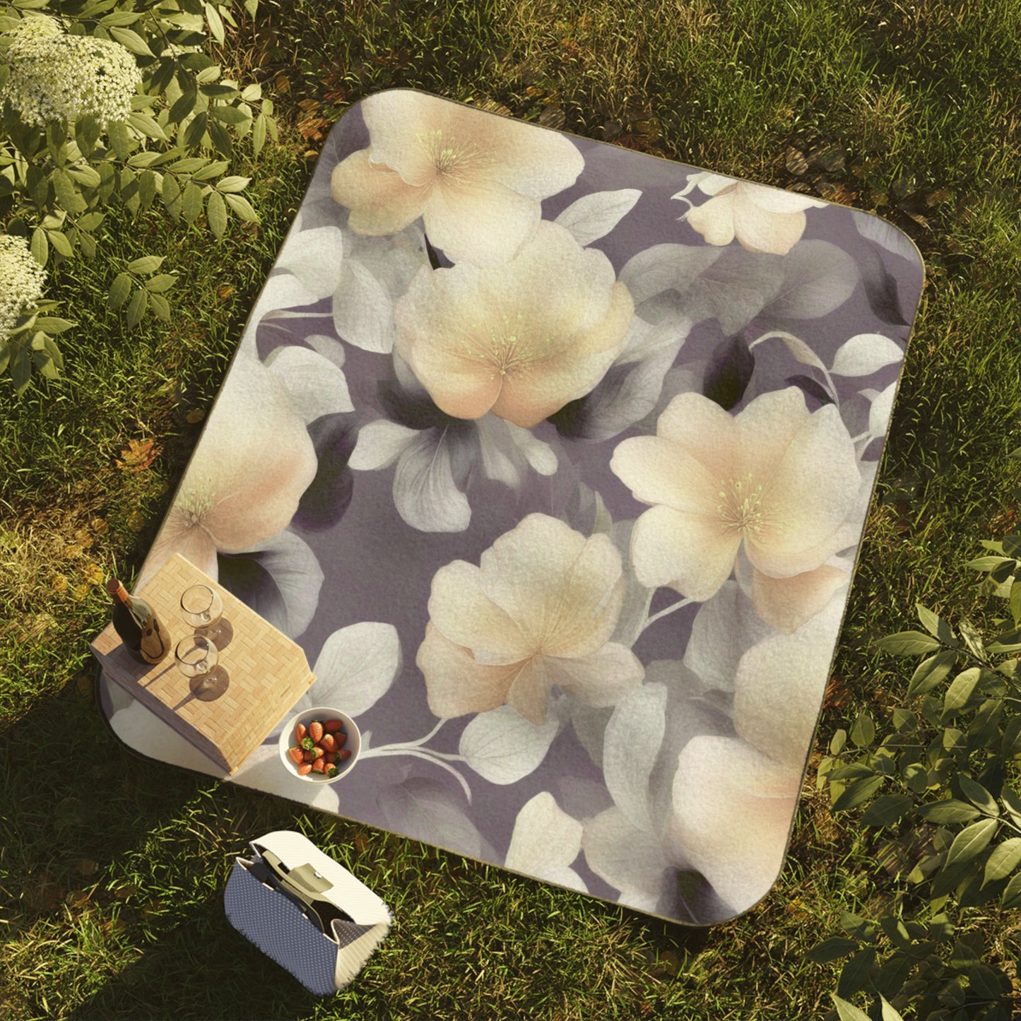 White Blush Floral Bunch 61" × 51" Picnic Blanket