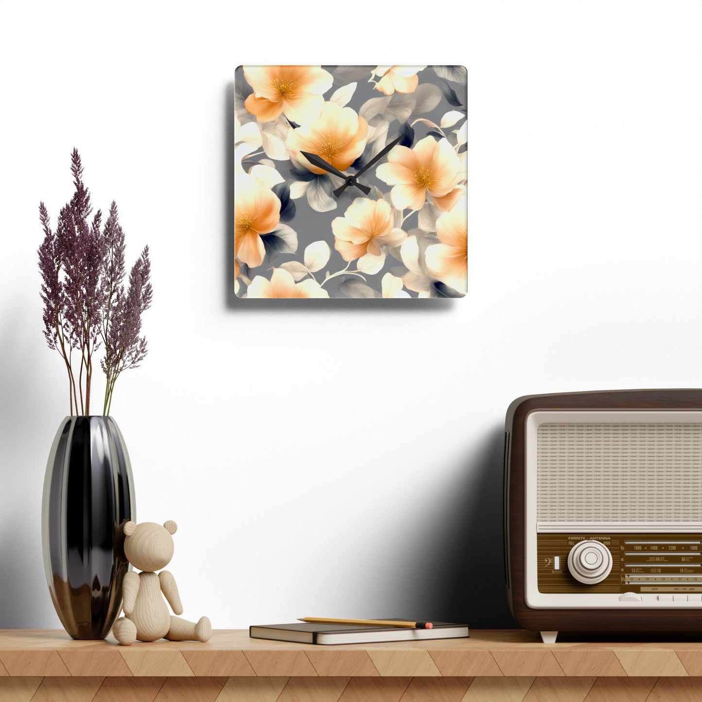 Soft Blossom Floral Bunch Acrylic Wall Clock, Round or Square, 10.75" x 10.75"