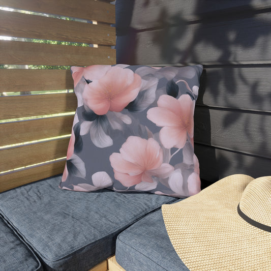 Peach and Blue Gray Floral Bunch 18" x 18" Outdoor Pillow