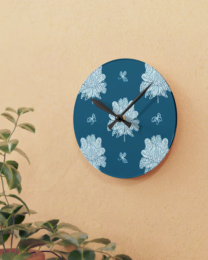 Tif Green White Floral Butterflies Acrylic Round Wall Clock, 8" x 8"