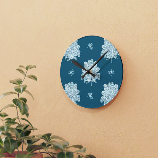 Tif Green White Floral Butterflies Acrylic Round Wall Clock, 8" x 8"