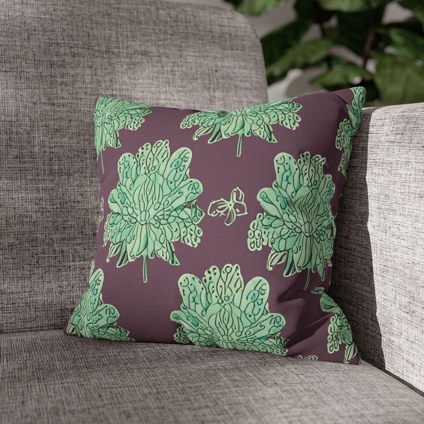 Mint Green Floral Butterflies Spun Polyester Square Pillowcase, 14" x 14"