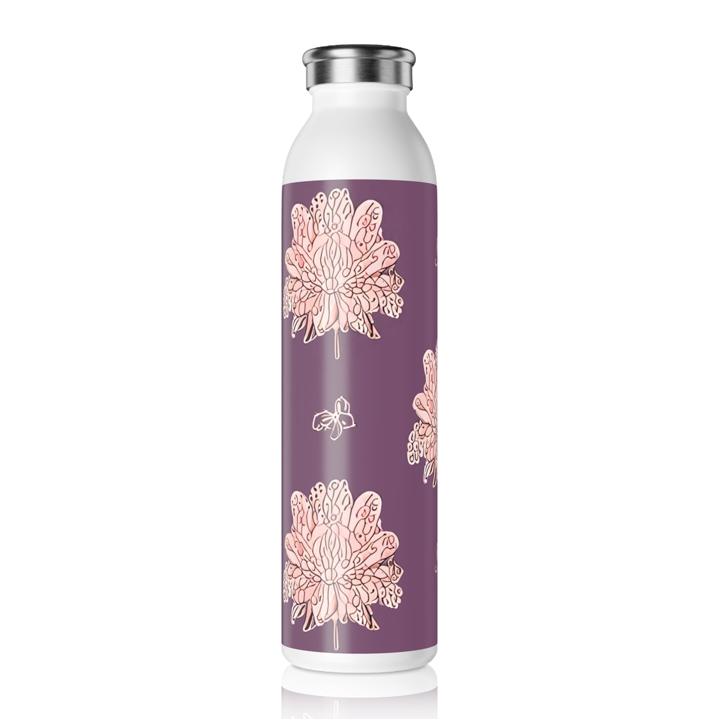 Pink Floral Butterflies Slim Water Bottle, 20 oz White