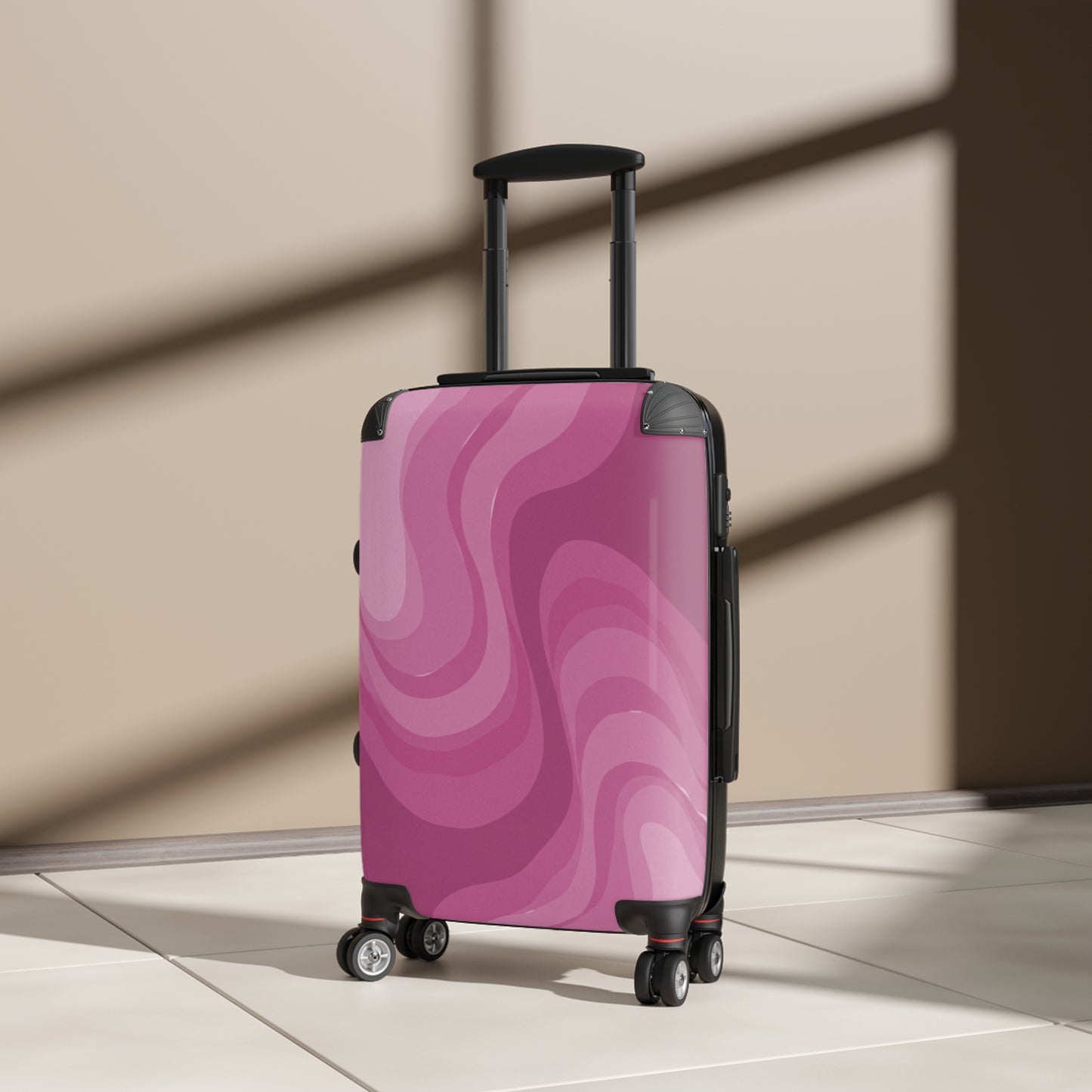 Pinky Mauve Wavey Small Suitcase with built in lock, 4 double-wheels, telescopic handle, and ABS back hard-shell