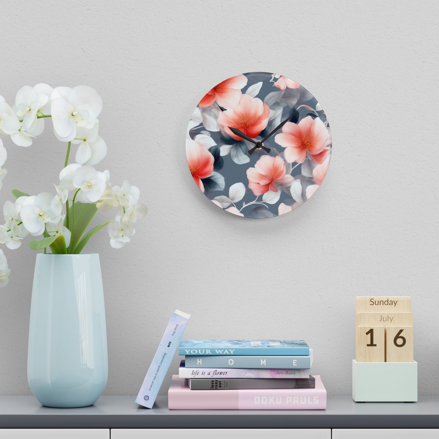 Red Blossom Floral Bunch Acrylic Wall Clock, Round or Square, 10.75" x 10.75"